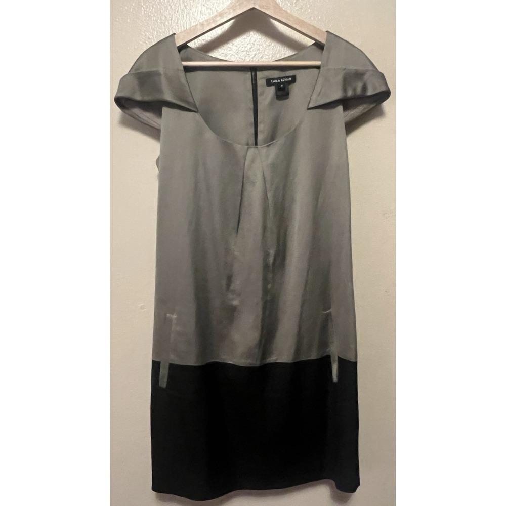 Laila Azhar Satin Shift Mini Dress Pockets Cap Sleeve Gray Black Minimalist Sz 8